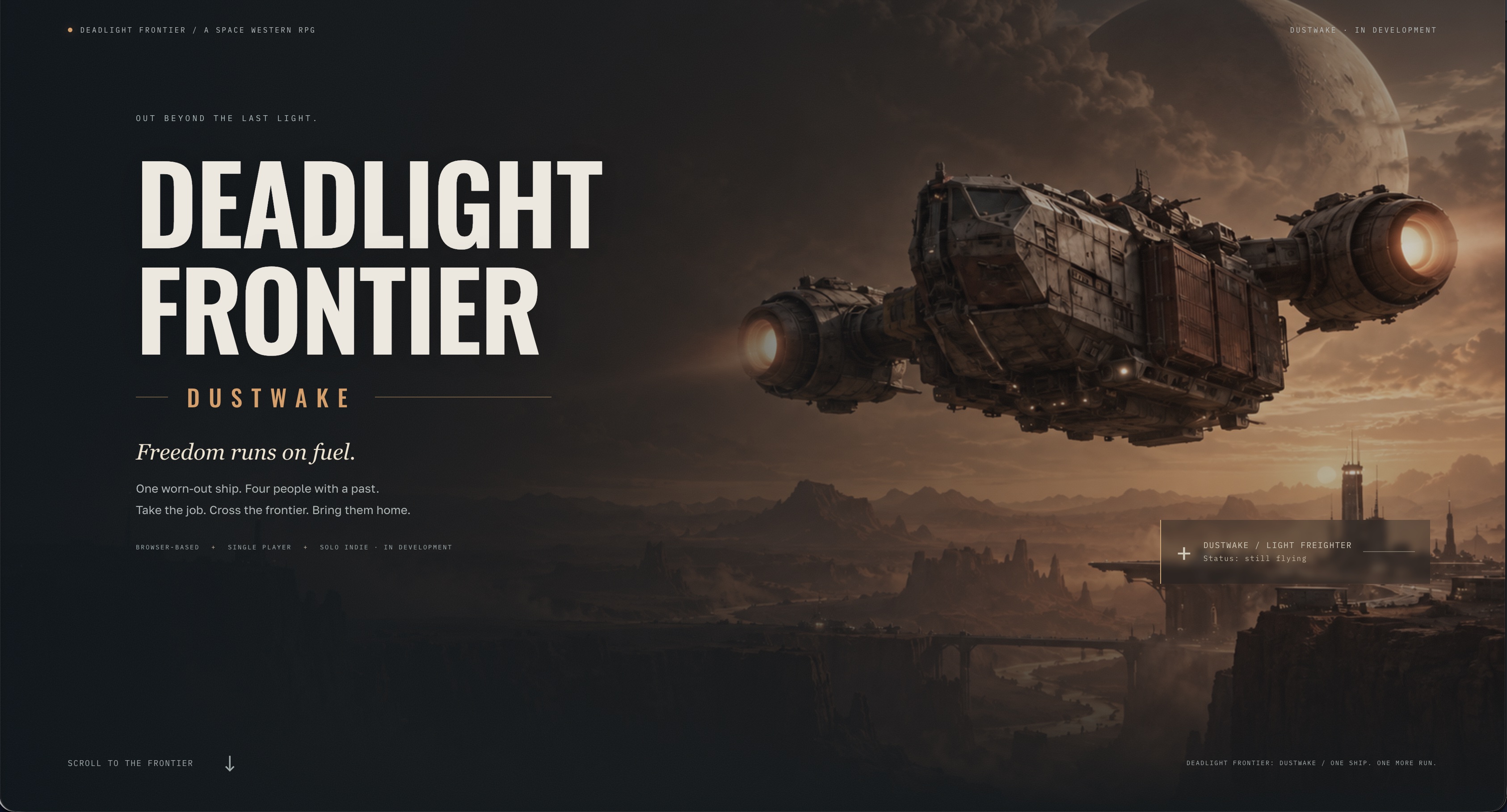 Deadlight Frontier: Dustwake cover art — a freighter above a world on the edge of space