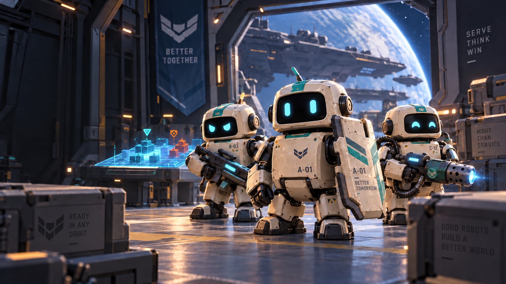 Three combat robots in an orbital station hangar — Robotactics